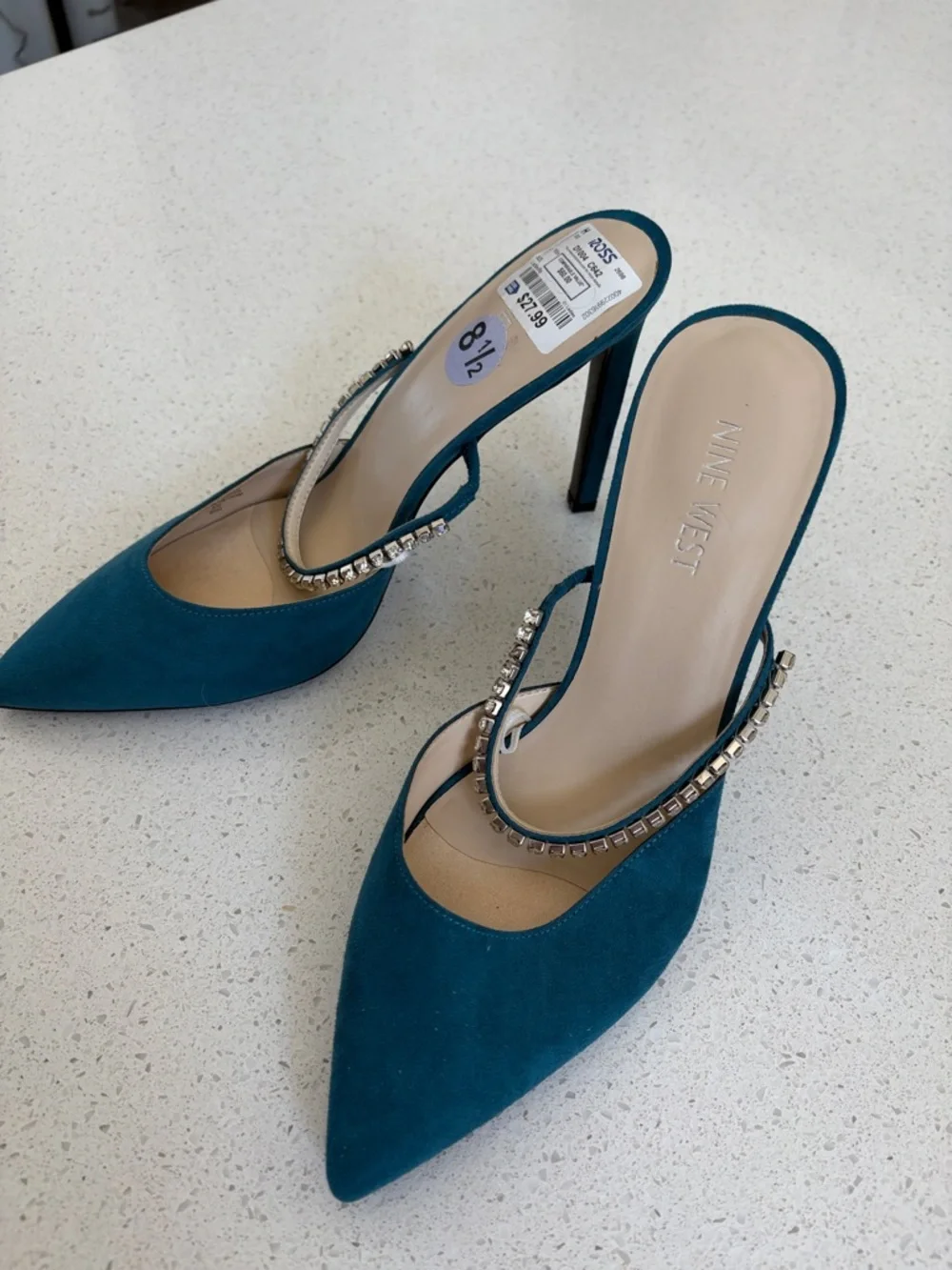 Nine West Teal Pointed-Toe Crystal Strap Mule Heels - Picture 1 of 4